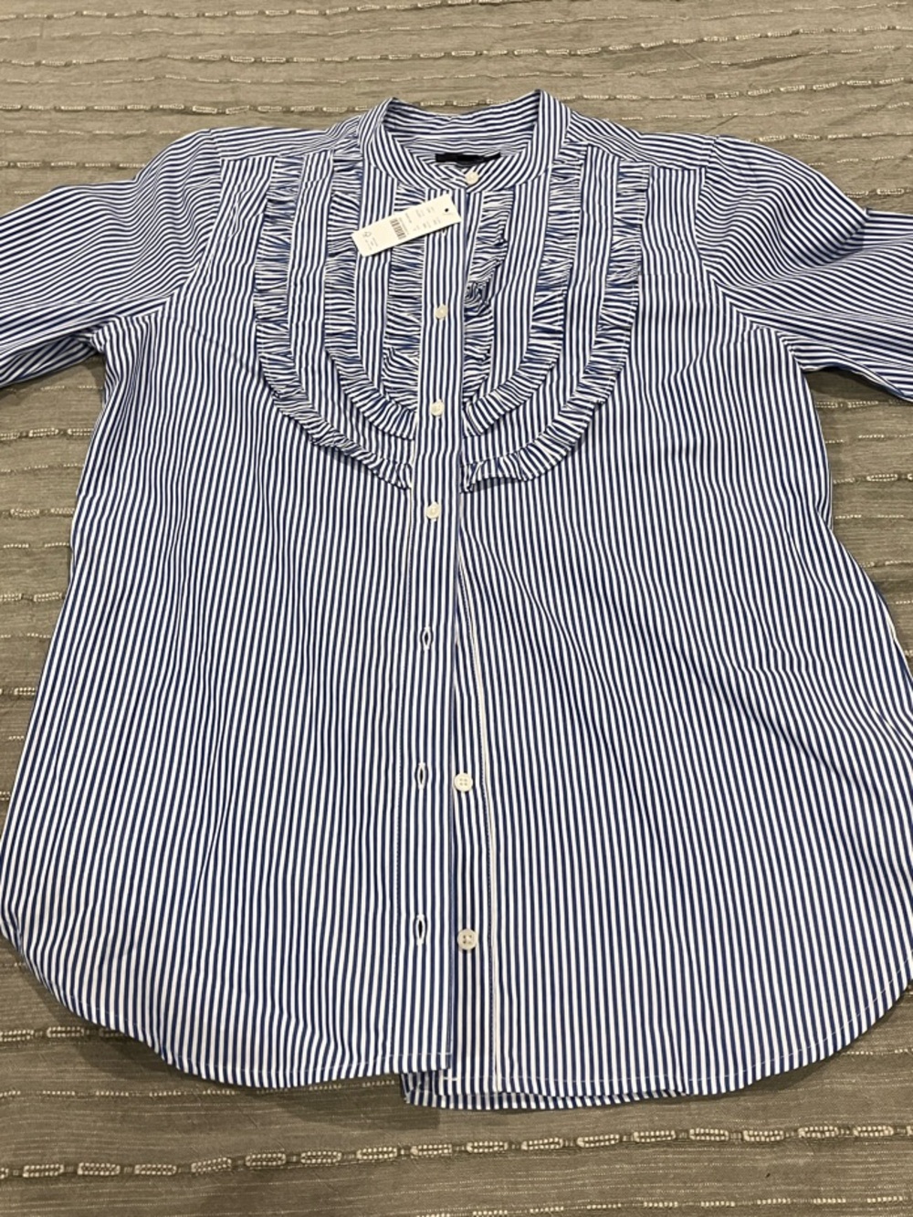 NWT J. Crew Blue and White Striped Ruffle Front Button-Down Shirt